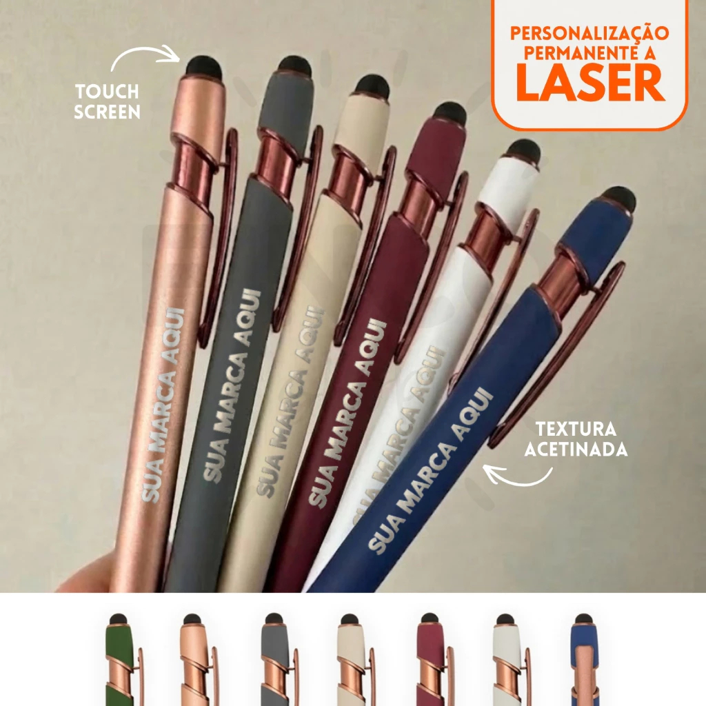 20 100 Canetas Touch Screen Metal Luxo Personalizadas a Laser Kit Evento Corporativo Rosé Gold Escuro ou Prata