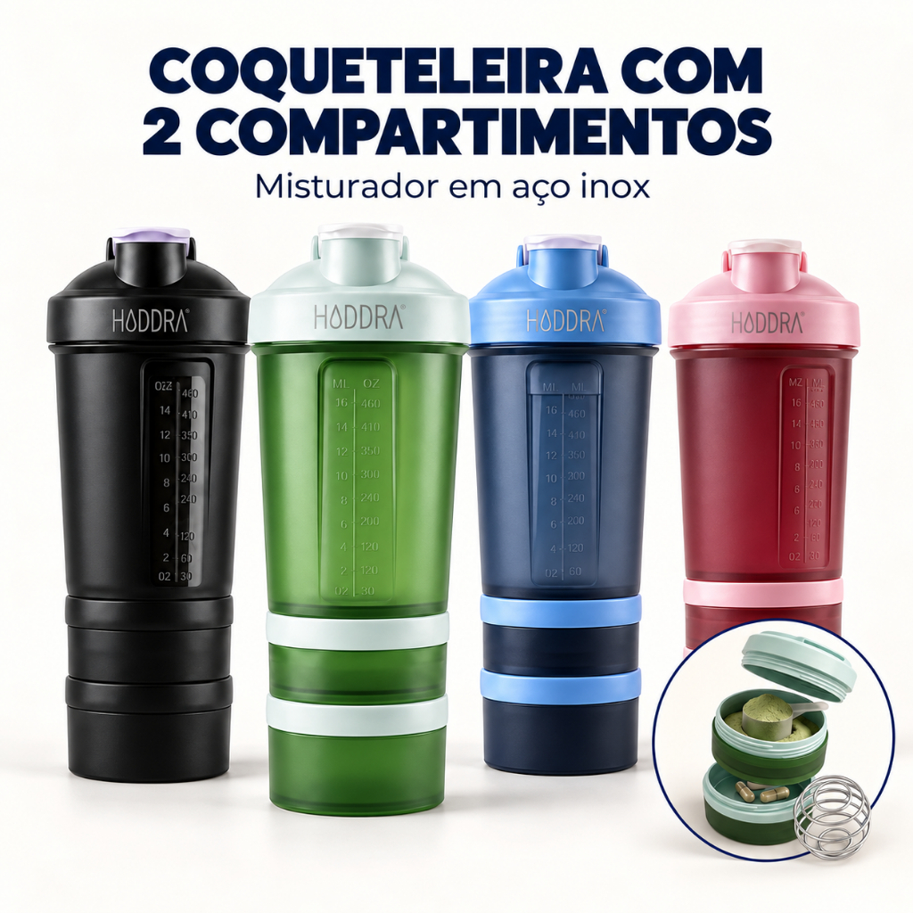 Coqueteleira 500ml com 2 Porta Suplemento Shakeira com Misturador Academia Whey Protein Fitness