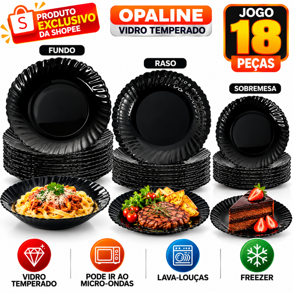 Conjunto de Pratos de Vidro 18 Peças Sendo 6 Rasos 6 Pratos Fundo e 6 Pratos de Sobremesa Opaline