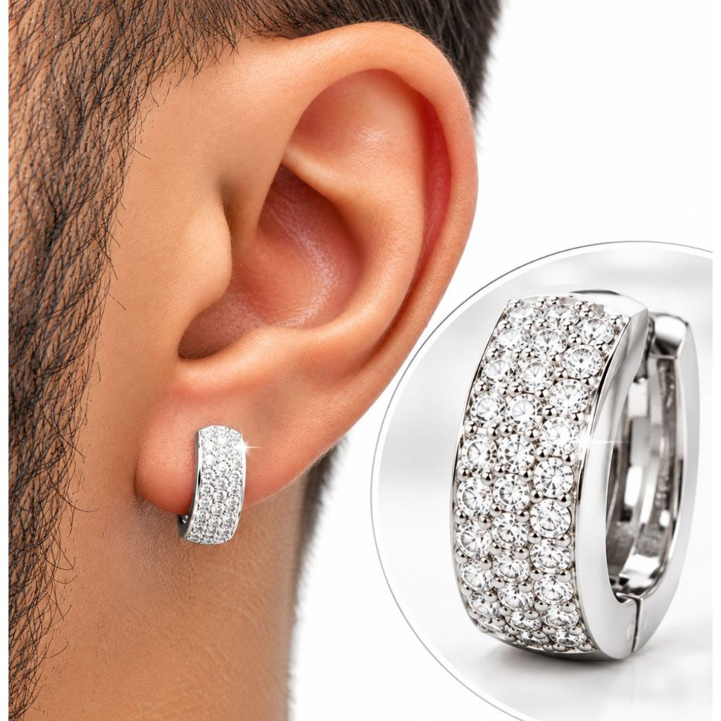 Brinco Masculino Banho de Prata 925 Italiana Argola Cravejada 25 pedras Brinco Masculino Banhado