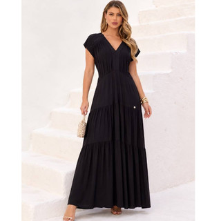Vestido Feminino Longo OOZE Preto Elegante Decote V Manga Curta Rodado Casual Festa