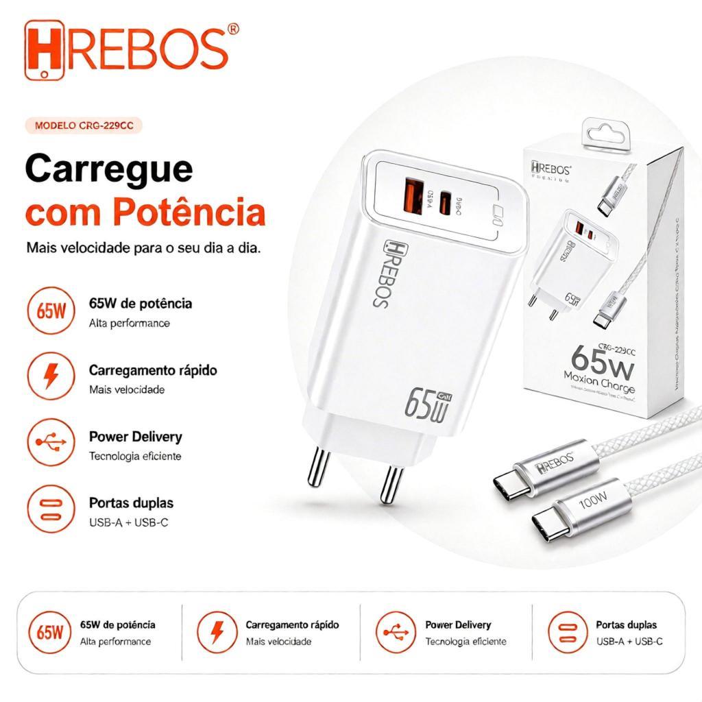 Carregador HREBOS 65W, 2 USB-C + 1 USB-A, com Cabo Tipo-C Trançado, Carregamento Rápido, para Celular e Tablet 3 Portas.