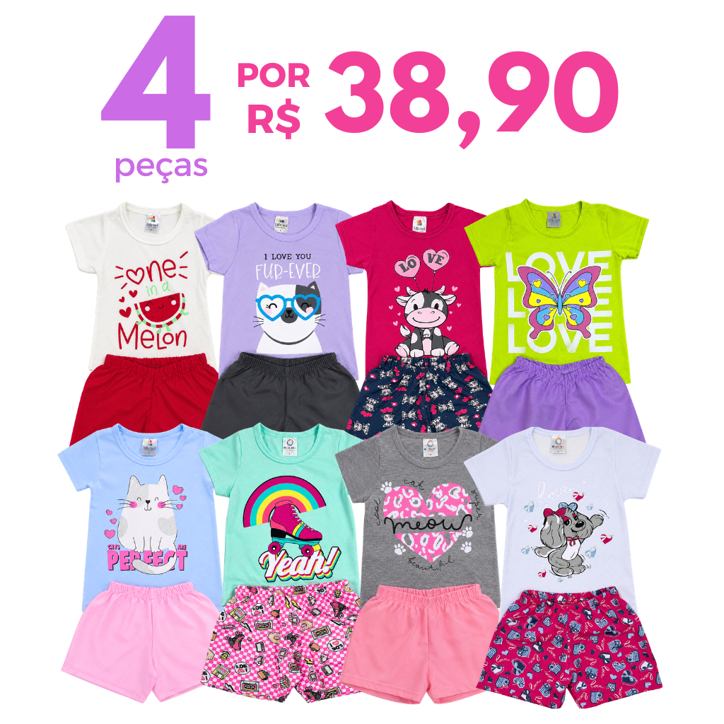 Kit 4 Peças Verão Roupa Menina Infantil 2 Camiseta e 2 Shorts/Bermudas Conjuntos Sortidos 2 Conjuntos