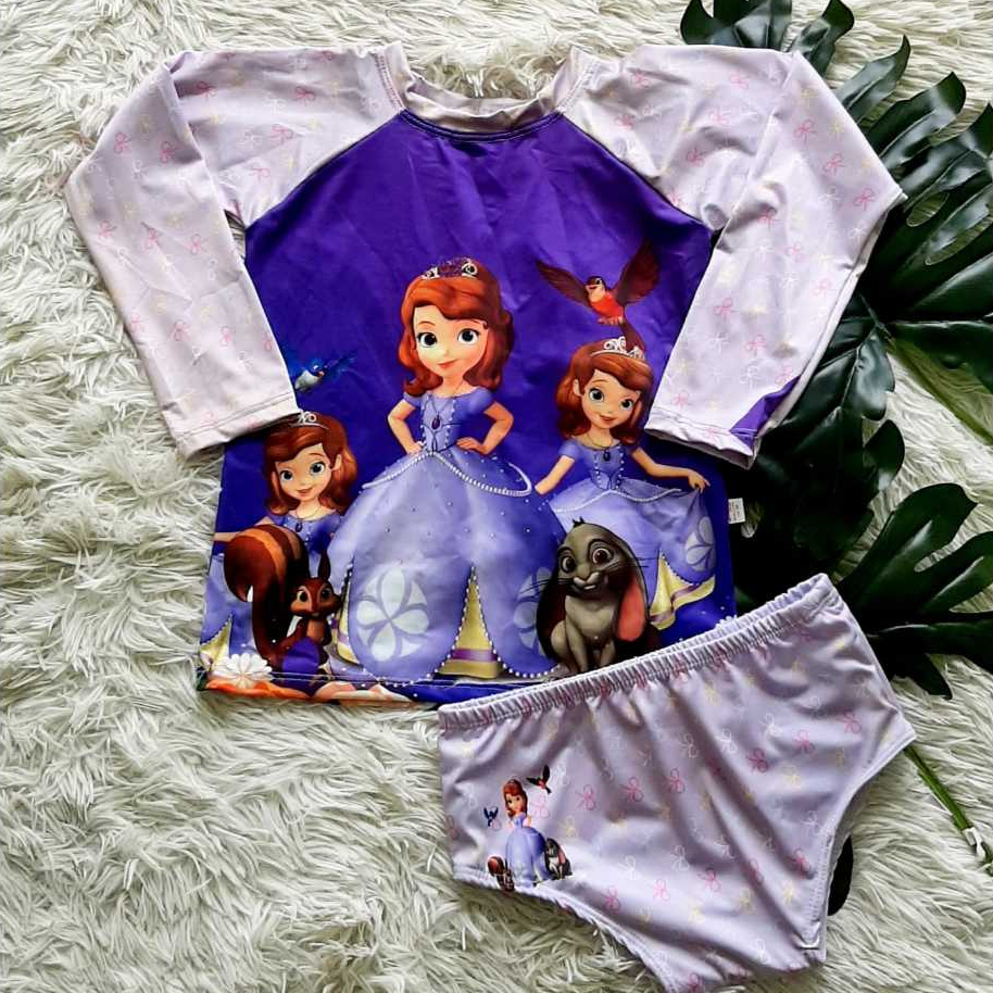Conjunto Praia Infantil Menina biquíni mais Blusa Manga Longa  proteção uv + Biquíni personagens