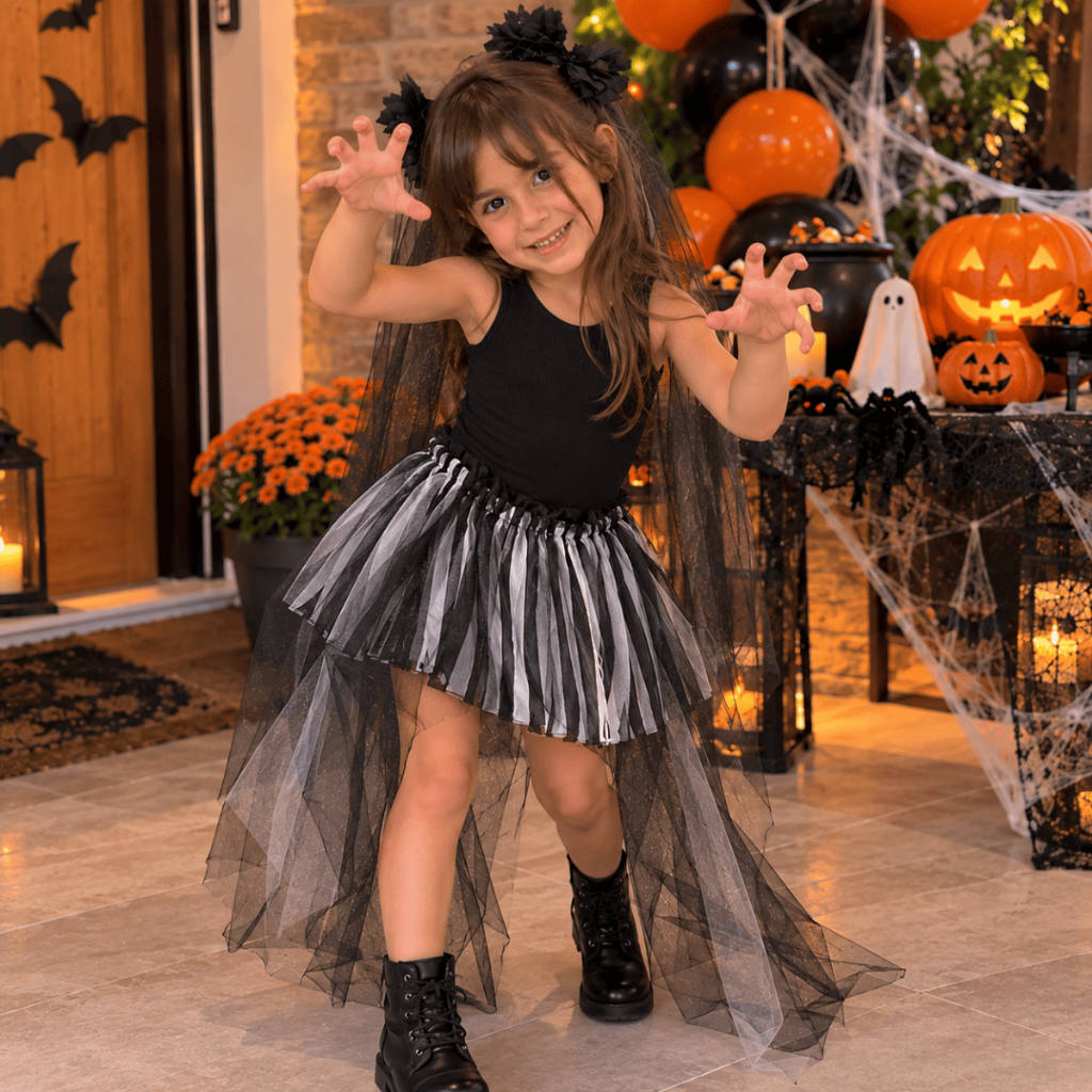 Fantasia Infantil Halloween Menina Noiva Cadáver Listrada Saia Tiara com Véu Noivinha Terror Dia das Bruxas Beetlejuice