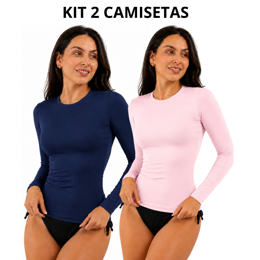 Kit 2 Camisetas UV 50+ Blusa Básica Feminina Lisa Manga Longa Proteção Solar Praia Moda Jet Natação