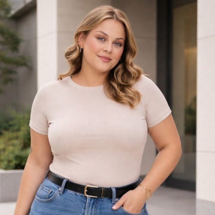 Blusa Feminina Plus Size Canelada Gola Redonda Toque Gelado Baby Look Casual Confortável Slim Fit