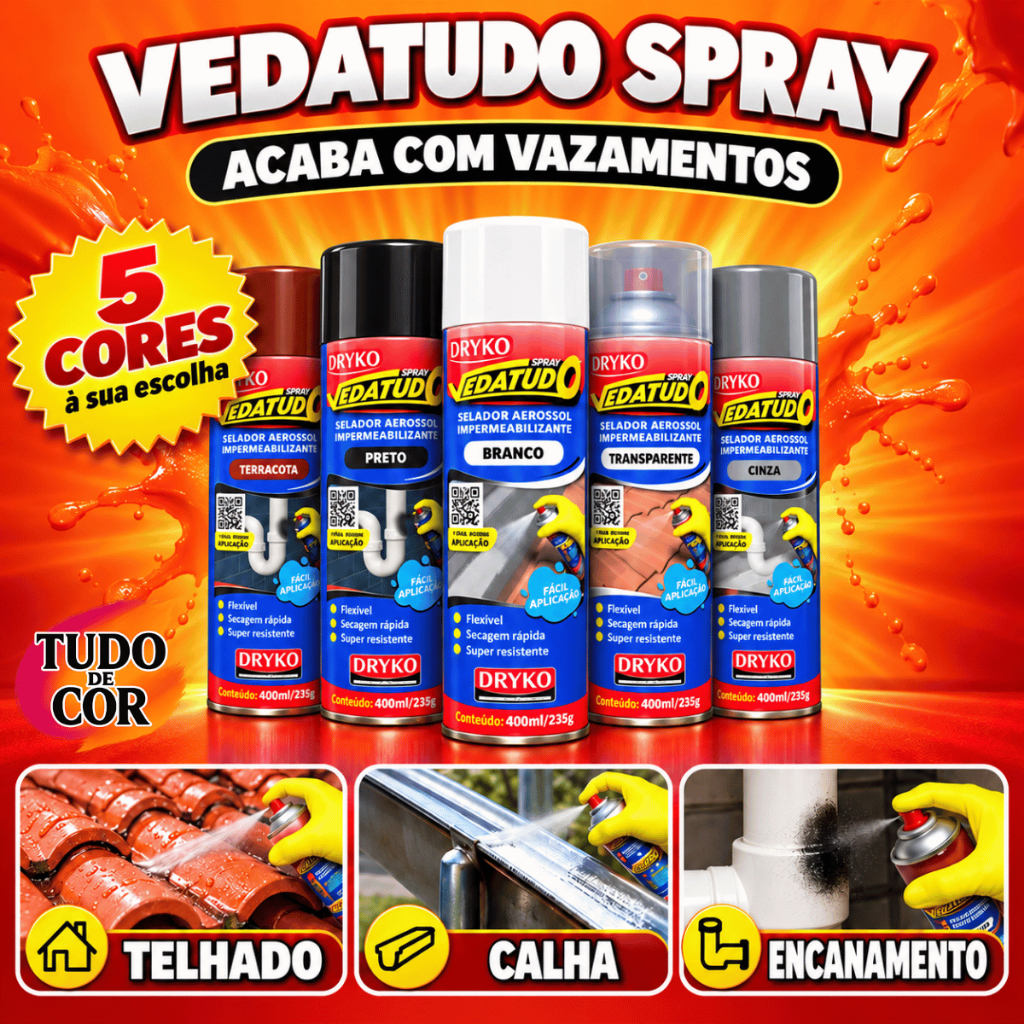 Spray Impermeabilizante VedaTudo 400ml/235g Dryko Emborrachado Impermeável Cores