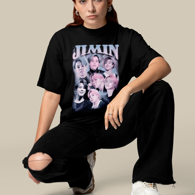 Camiseta Oversized Jimin BTS Estampada Streetwear Moda Urbana Casual Confortável Estilo Jovem Moderno Tendência Unissex