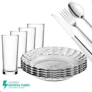 Aparelho de Jantar 20 Peças - Conjunto de Pratos, Copos, Talheres Inox - Mesa Posta Elegante