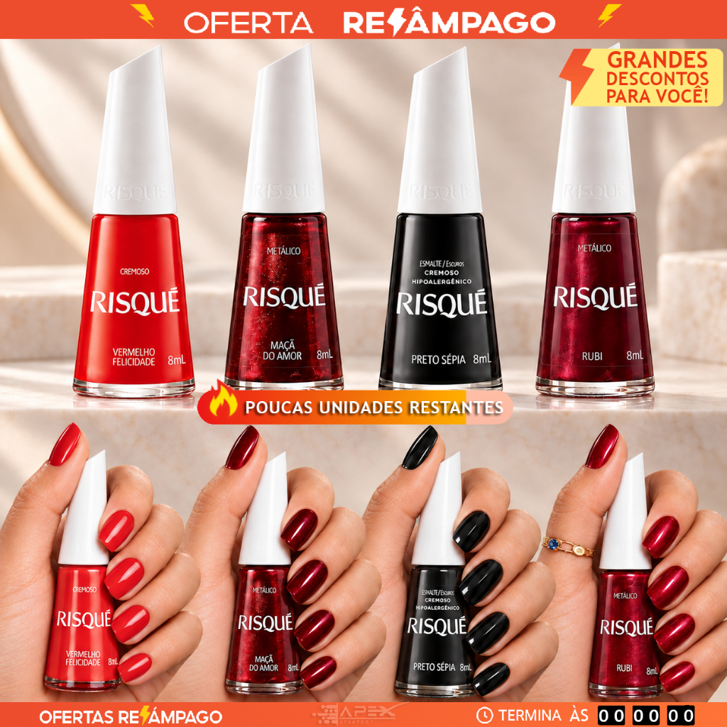 Kit 4 Esmaltes Tons Vermelhos Metalicos Cremosos Premium Risque Hipoalergênico Atacado Revenda