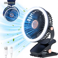 Mini Ventilador Automotivo com Clipe 5 Velocidades 360° Ajustável Luz LED Noturna Bateria 2400mAh
