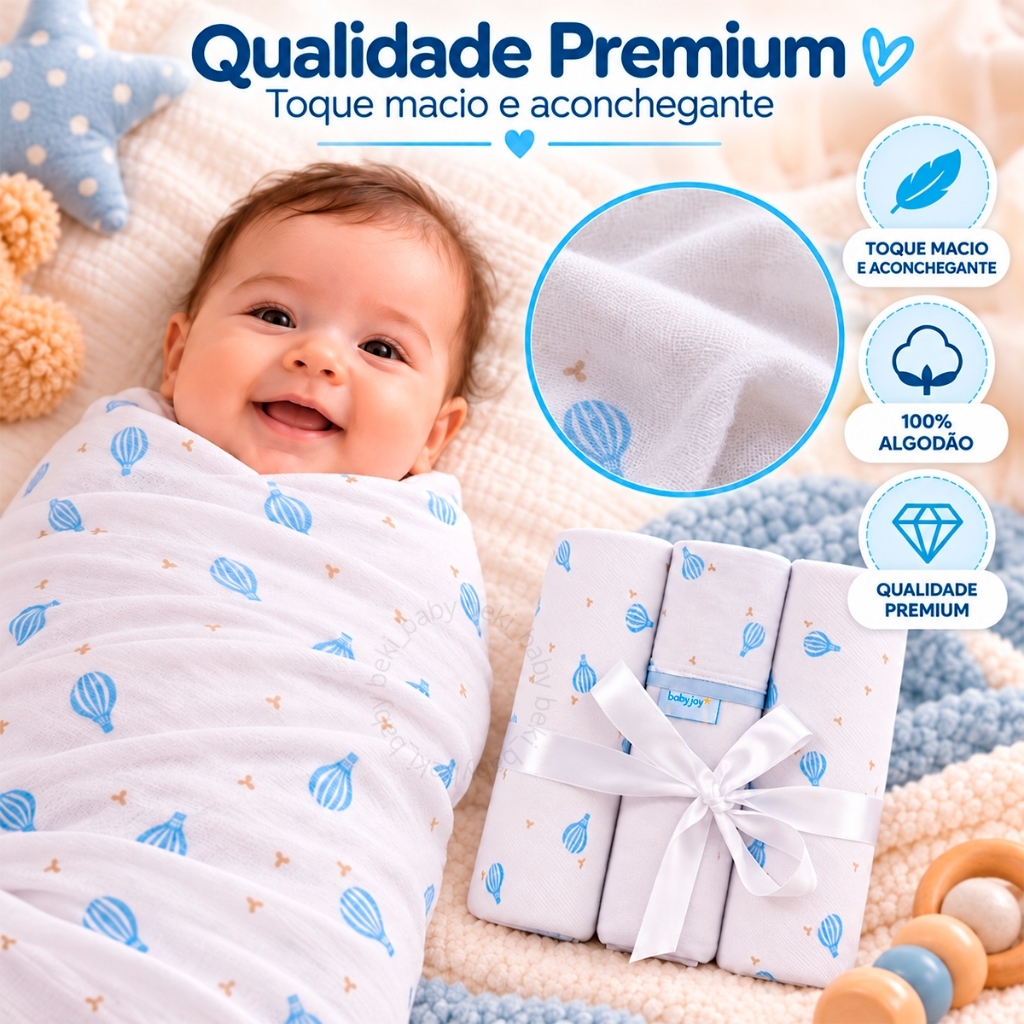 Cueiros Bebê Flanelado 100m X 80cm Baby Joy 100% Algodão Estampado 03 Unidades