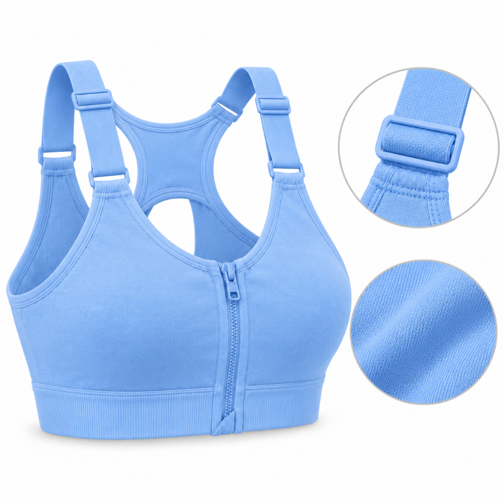 Top Fitness Feminino Com Zíper Frontal Alta Sustentação Tecido Canelado Alça Ajustável