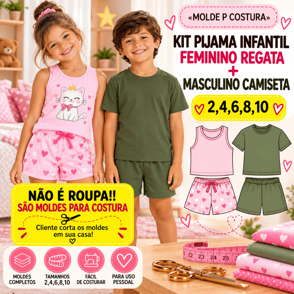 Kit MOLDE Pijama Infantil Feminino Regata + Masculino Camiseta Tamanhos 2 4 6 8 10 multitamanho GRADE