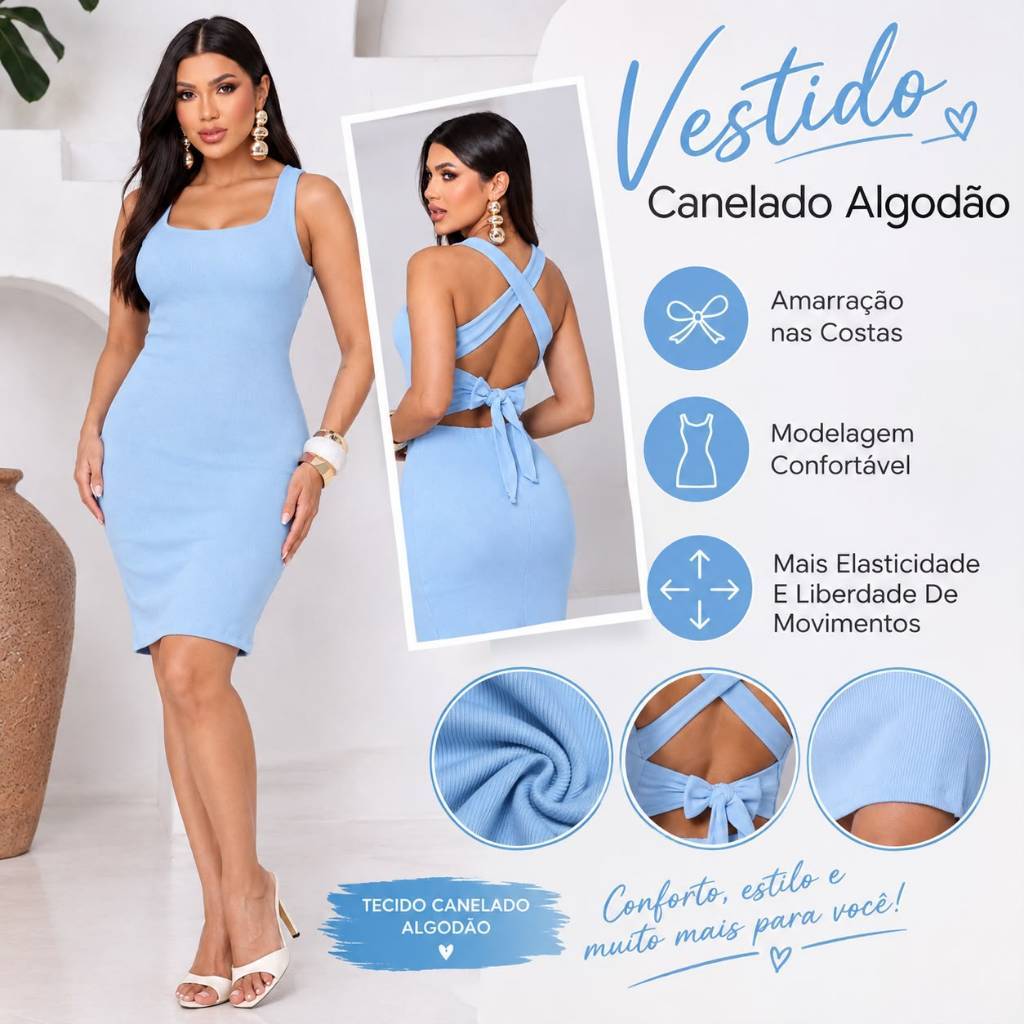 Vestido Curto Canelado com Amarração nas Costas e Alças Cruzadas Elegante