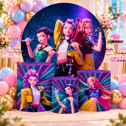 Painel de Festa Guerreiras K-pop Kit Capas Redondo + Trio Cilindro Sublimado Tecido Premium