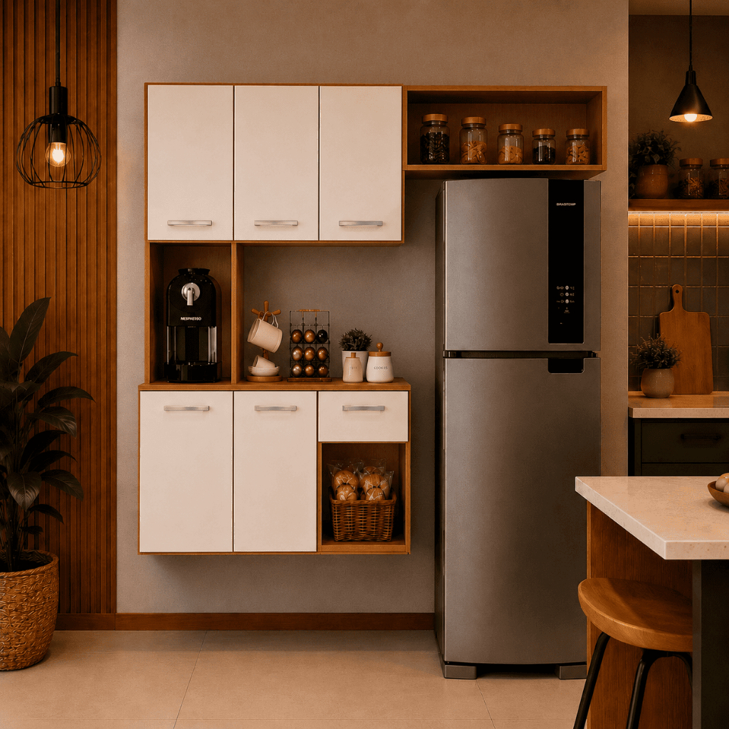 Cozinha Compacta Lançamento com Armários Aéreos e Espaço Microondas