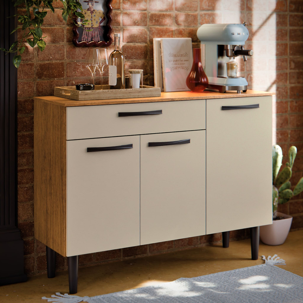 Balcão de Cozinha 3 Portas e Gaveta Completo Gabinete Com Tampo Multiuso 90CM Compacto Cantinho do Café Europa