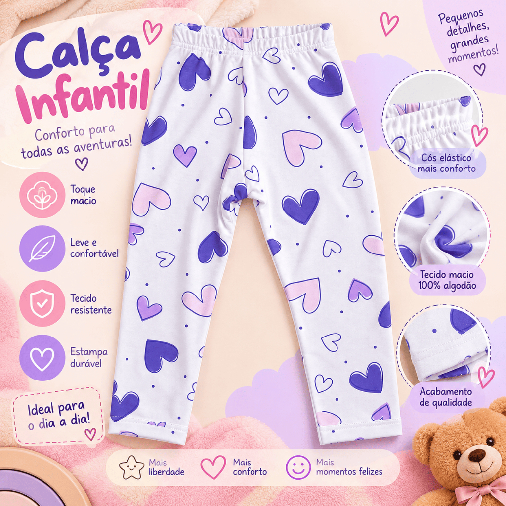 Calça Legging Infantil Feminina 100% Algodão Estampada Corações Cós Elástico Confortável Tamanho 2 ao 6