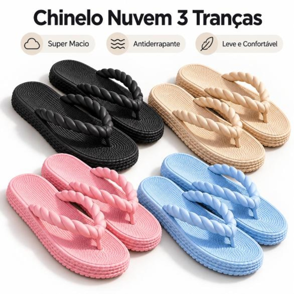 Chinelo Nuvem Feminino 3 Tranças Plataforma Antiderrapante Macio Leve Confortável Sandália Rasteirinha