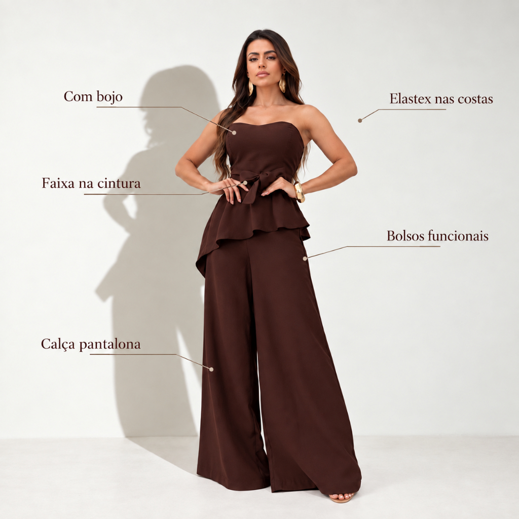 Conjunto Feminino Tomara que Caia Peplum Assimétrico com Faixa Calça Pantalona Elegante Festa Casual Chic — imagem 2 de 2