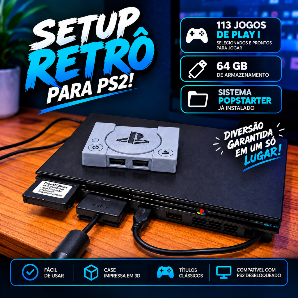 Kit Setup Retrô Para PS2 com 113 Jogos PlayStation 1 | Memory card com PopStarter + Pendrive 64Gb