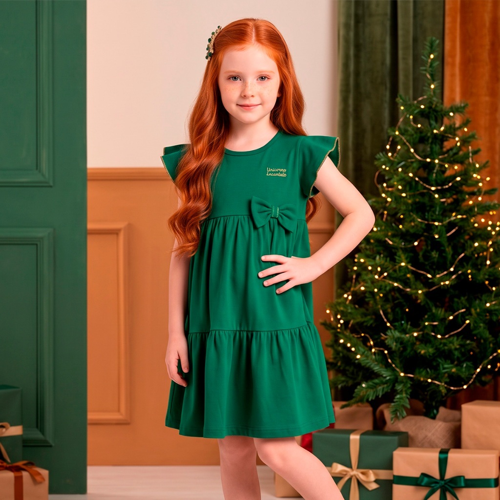 Vestido Infantil Verde Encantado de Natal