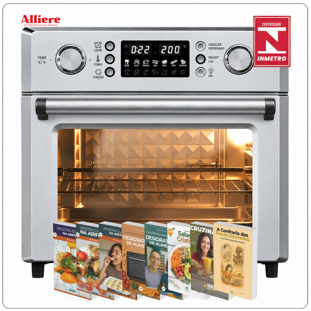 Forno Airfryer 26L Inox Alliere | Espeto Giratório + Cesto Rotativo | Painel Digital 1700W + 8 E-BOOKS