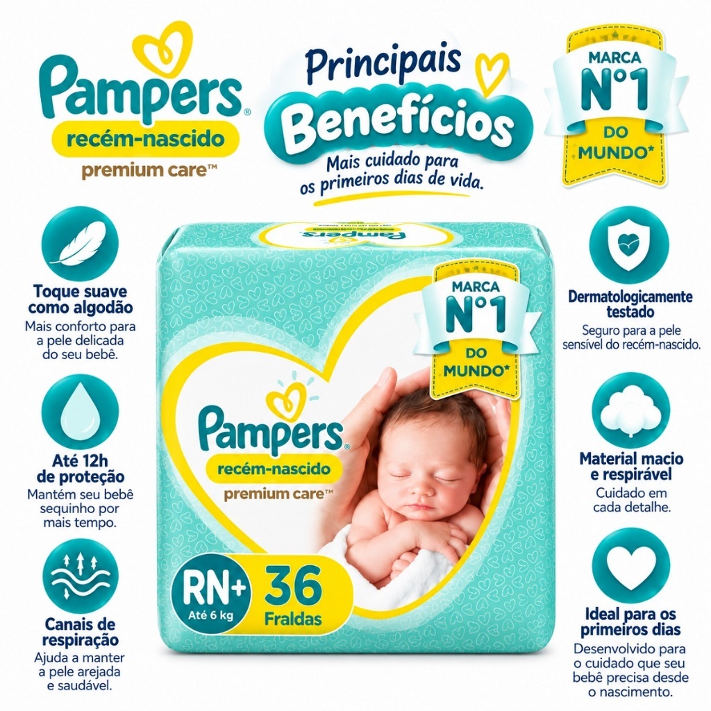 Fralda Pampers Premium Care Recém-nascido Rn Com 36 Unidades Promoção