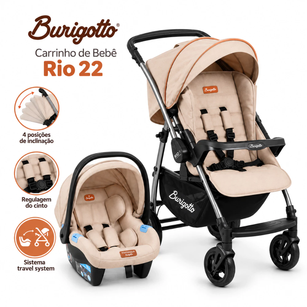 Carrinho De Bebê Burigotto Travel System Rio 22 Bebe Conforto Passeio 4 Rodas