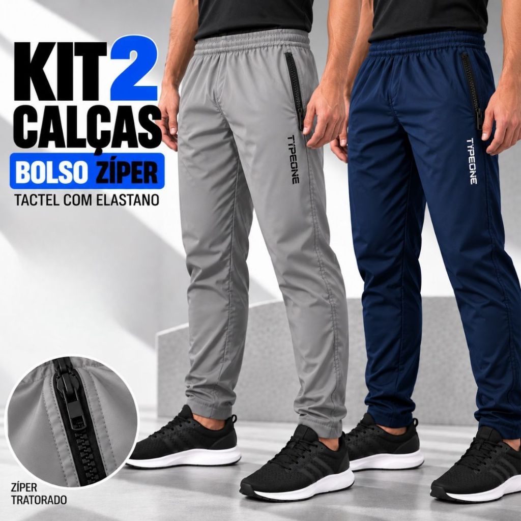 Kit 2 Calças Masculina Slim Fit Bolsos Laterais Com Zíper Tactel com Elastano Secagem Academia Esportiva
