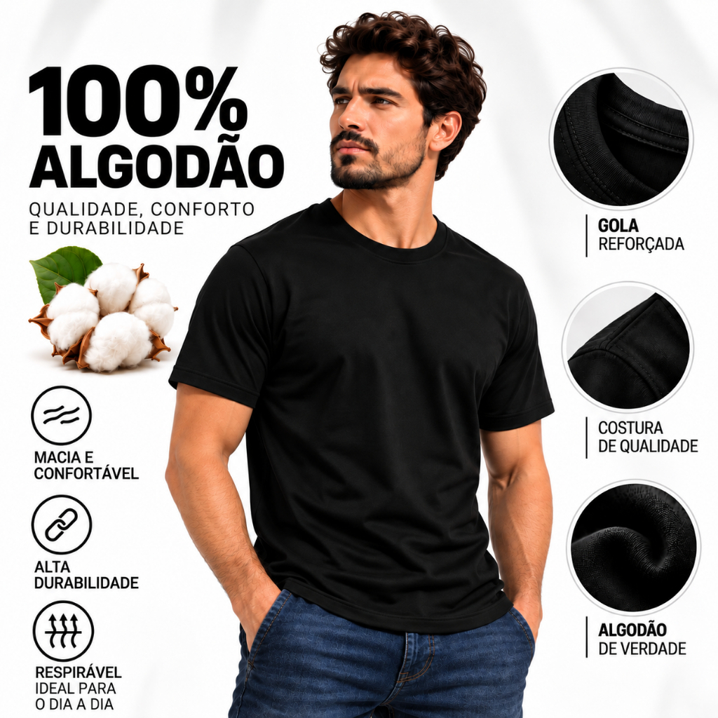 Camiseta Masculina 100% Algodão Básica Dia a Dia Casual Macia Confortável Várias Cores