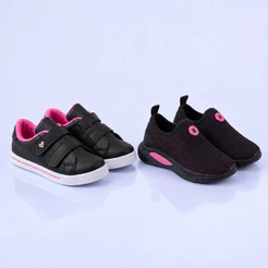 KIT 2 PARES Tenis Infantil Calce Facil Menina Preto Pink K Telinha e Casual Preto Kidstep