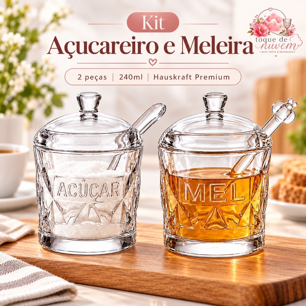 Kit Açucareiro e Meleira Vidro 240ml 2 Peças - Tampa Colheres Acrílicas Hauskraft Premium Mesa Posta