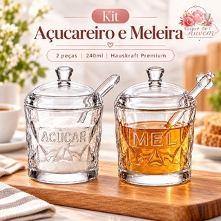 Kit Açucareiro e Meleira Vidro 240ml 2 Peças - Tampa Colheres Acrílicas Hauskraft Premium Mesa Posta