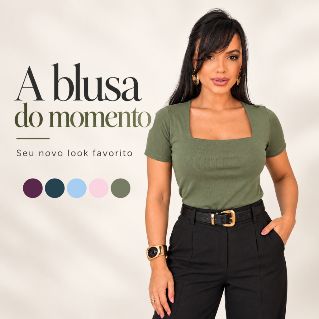 Blusa Feminina Manga Curta Decote Quadrado Ribana Canelada Moda Blogueira Tendência Canelado Premium