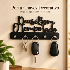 Porta Chaves de Parede Decorativo Multiuso em MDF 3mm Preto Deus é Bom o Tempo Todo Decoração Criativa