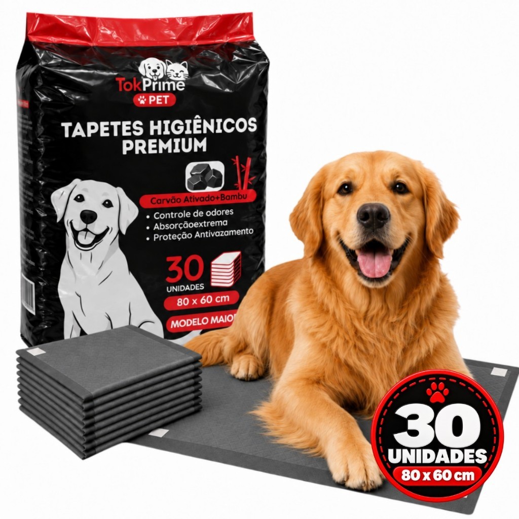 Tapete Higiênico Premium Tok Prime Pet 80x60 Carvão Ativado e Bambu 6 Camadas Kit 30 60 Unidades Cães Grande Porte