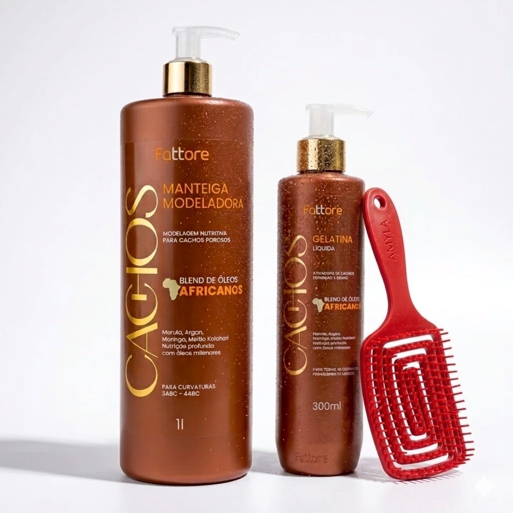Fattore Kit Cachos Óleos Africanos Manteiga Modeladora 1L e Gelatina Líquida 300ml Escova Finalização Completa