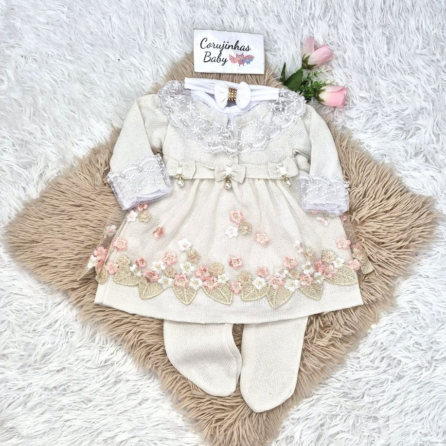 Vestido saída de maternidade branco off white renda bonita feminina em tricô peças para recém nascido menina