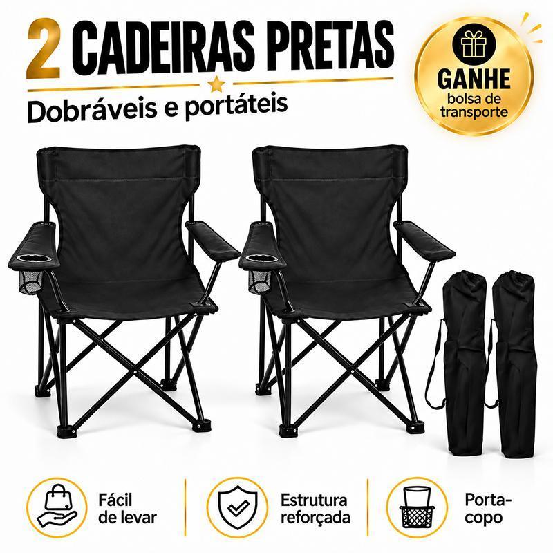 KIT 2 Cadeira Camping Dobrável Com Porta Copos e Bolsa Pesca Praia Acampamento 150kg