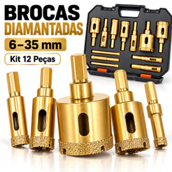 Kit 12 Brocas de Diamante 6-35mm - Para Furar Mármore, Vidro e Pedra, Serra Copo com Acessórios