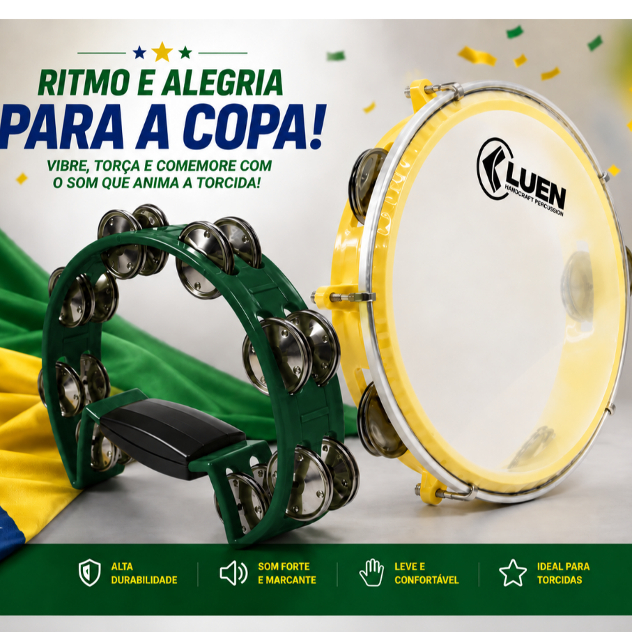 Kit Copa da Torcida Luen Pandeiro 8" Amarelo + Pandeirola Meia Lua Verde Cítrico