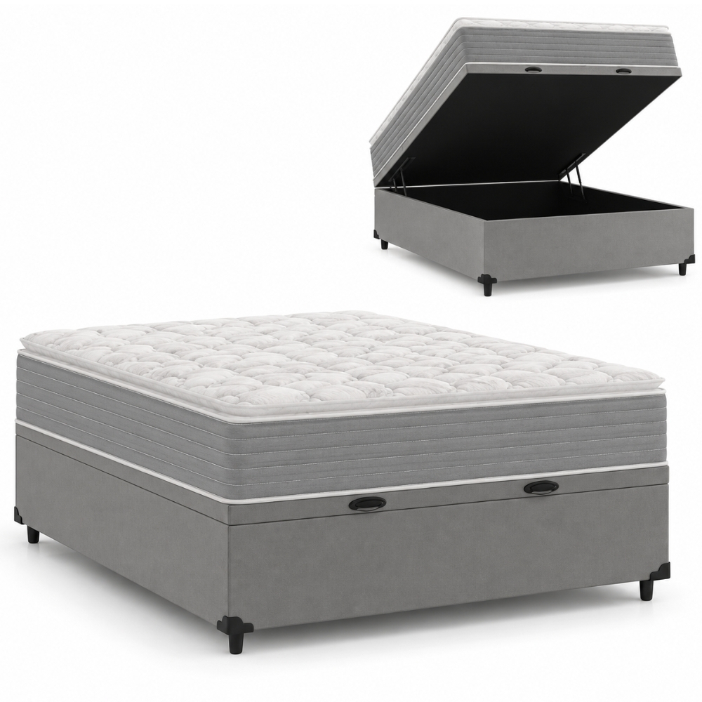 Cama Box Baú Casal Molas Ensacadas Pillow Top 138x188x66cm Martino Cinza Umaflex