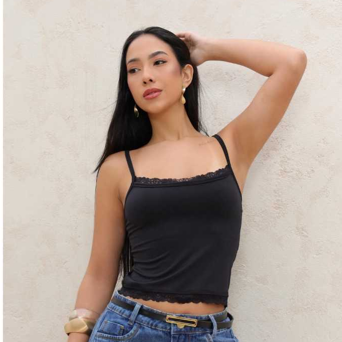Blusinha Regata Cropped Feminina Suplex com Renda Delicada Moda Blogueira Juvenil