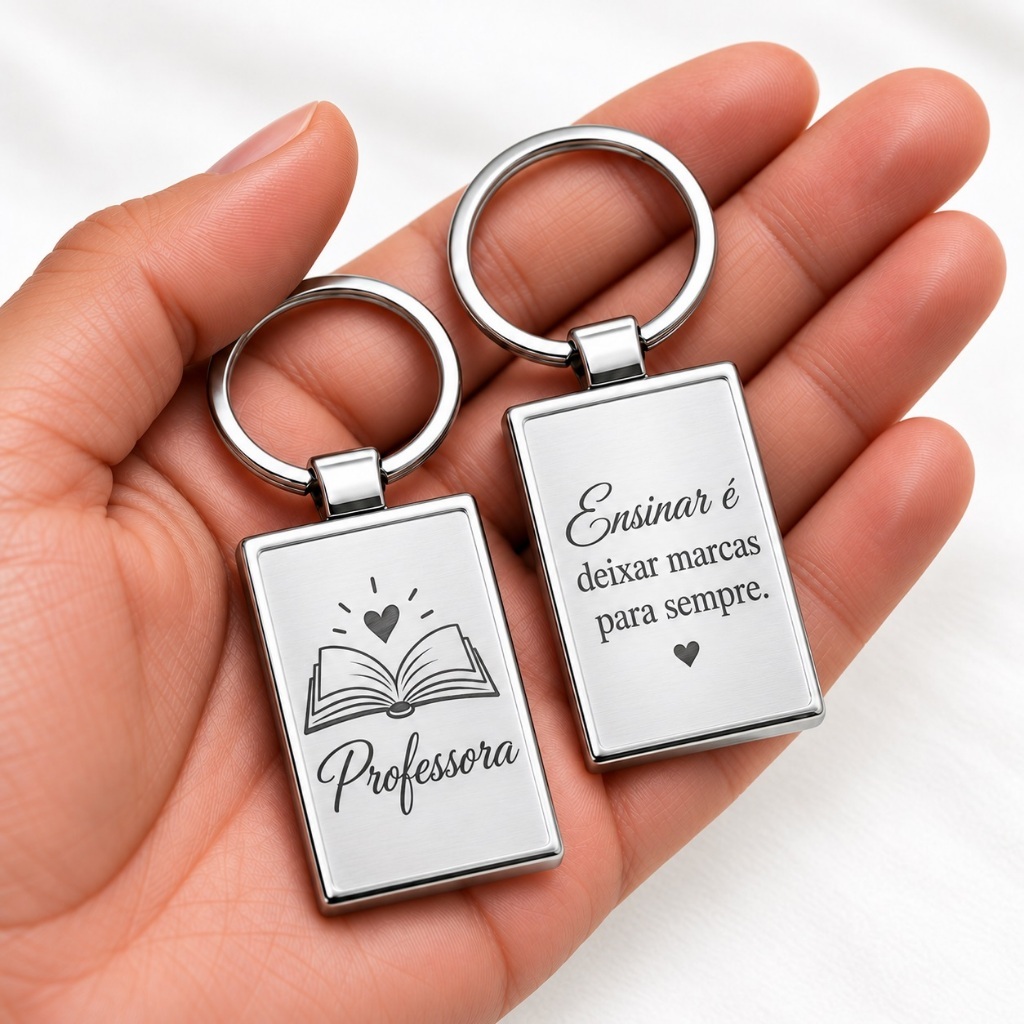 Chaveiro Personalizado Gravação a Laser Aço Inox Dia dos Professores Foto Frase Nome Presente Namorada Mãe Casal Filho
