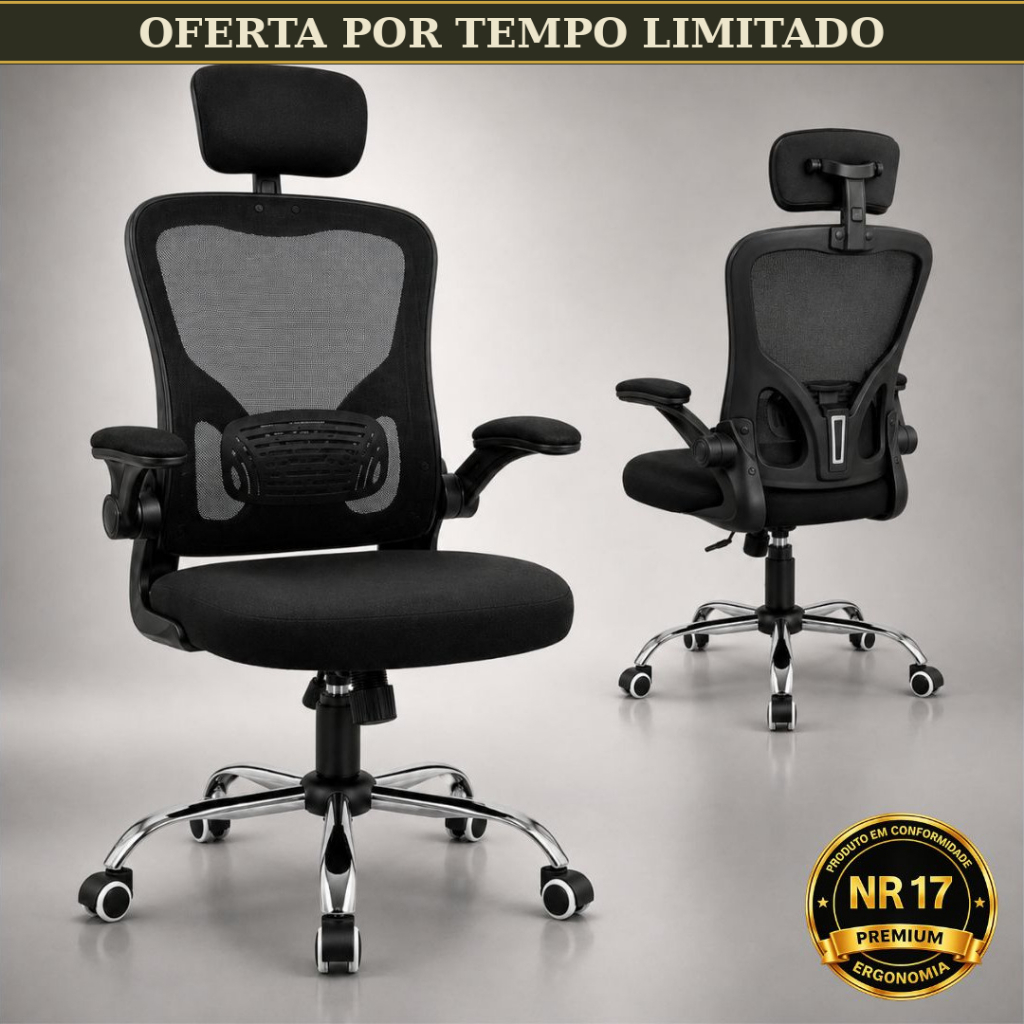 Cadeira de Escritório Presidente Ultra Ergonômica Laruno Alto Padrão Luxo Espuma Certificada Homologada NR17 Cinza
