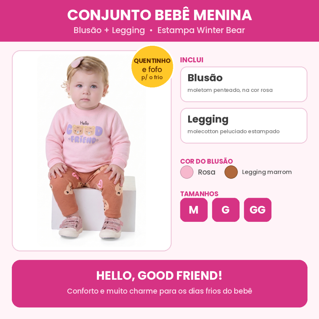 Conjunto Bebê Menina Blusão Moletom e Legging Peluciada Estampa Ursinho Rosa Inverno
