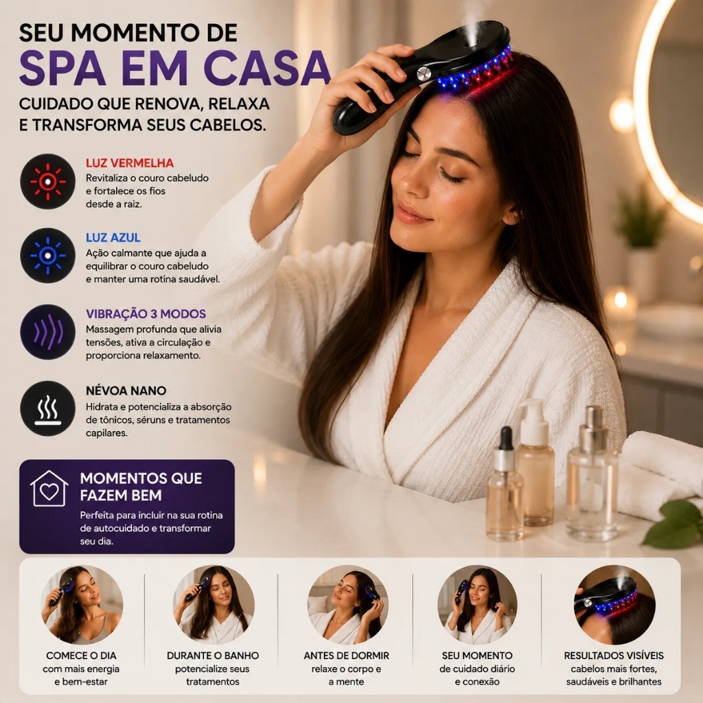 Escova Massageadora Capilar 4 Em 1 Led Terapêutica Cabelo Vapor Tratamento Antiqueda Fio Enfraquecido Couro Cabeludo SPA